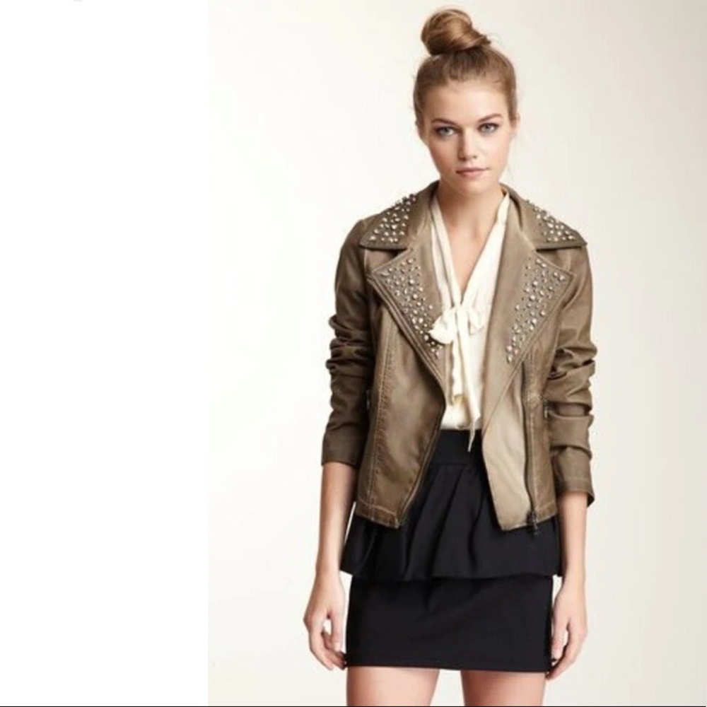 Sam Edelman Faux Leather Studded Moto Jacket Tan Asymmetrical Zip sz L
